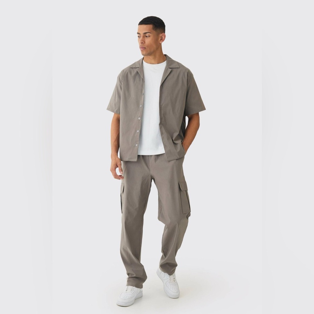 BoohooMAN Oversized Revere Bengaline Shirt & Cargo Trouser Set in Taupe